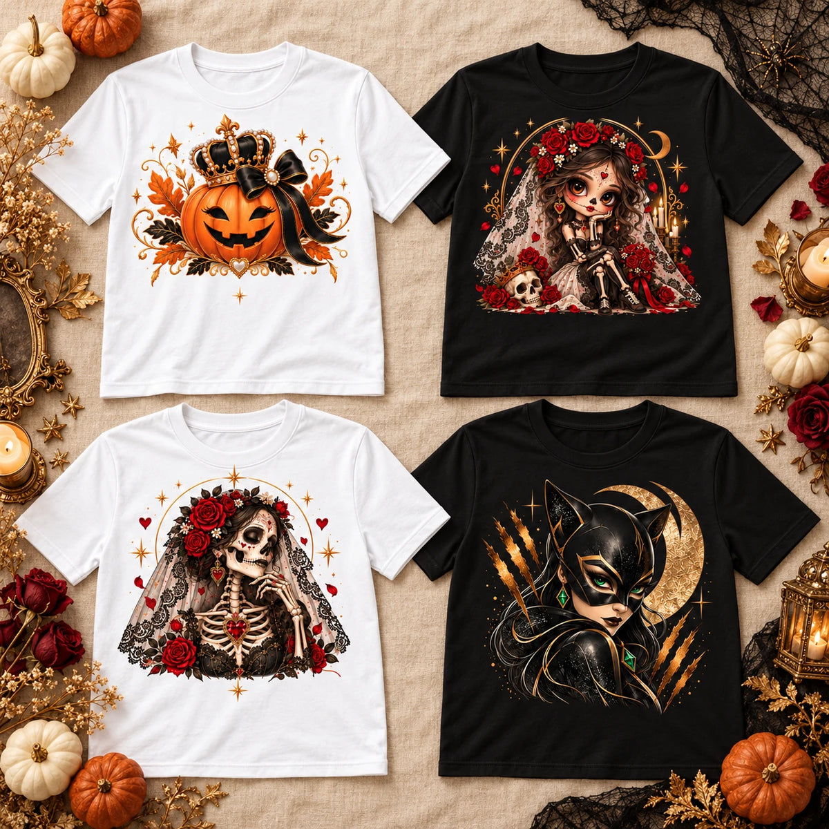 Los cuatro diseños en camisetas blancas y negras