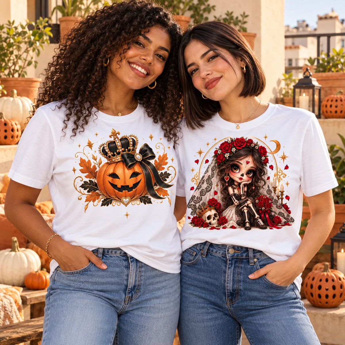 Dos amigas con camisetas de calabaza y novia muñequita