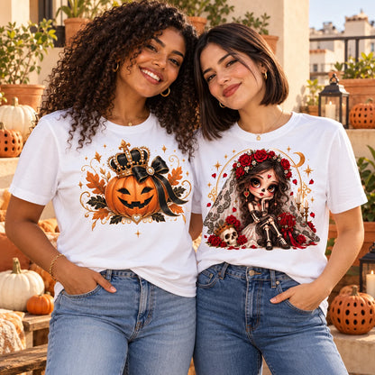 Dos amigas con camisetas de calabaza y novia muñequita
