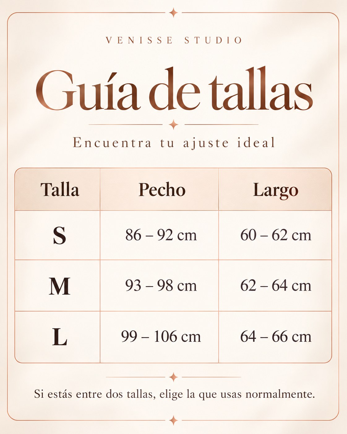 Guía de tallas. S: pecho 86 a 92 cm, largo 60 a 62 cm. M: pecho 93 a 98 cm, largo 62 a 64 cm. L: pecho 99 a 106 cm, largo 64 a 66 cm.