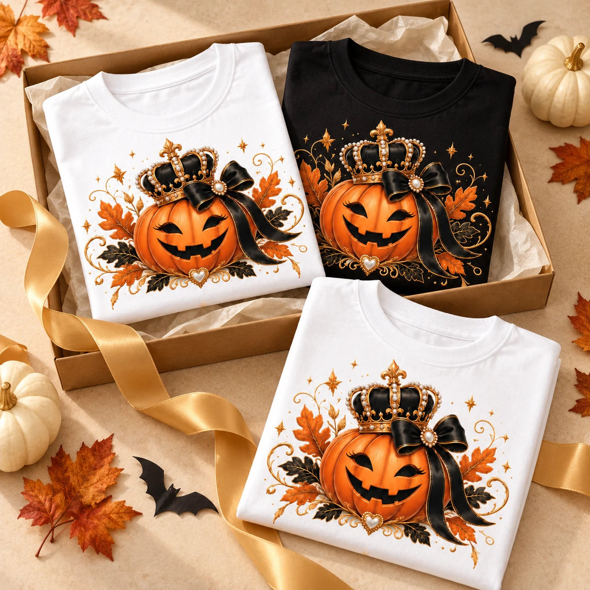 Tres camisetas de calabaza en una composición editorial