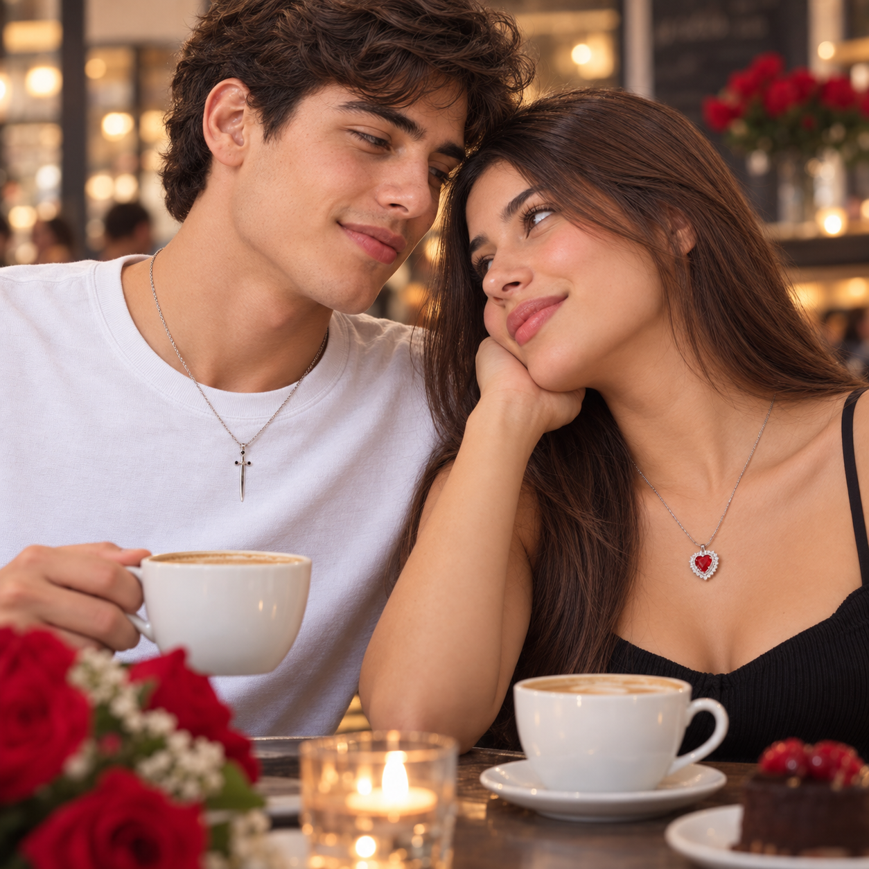 Pareja usando los collares en una cita